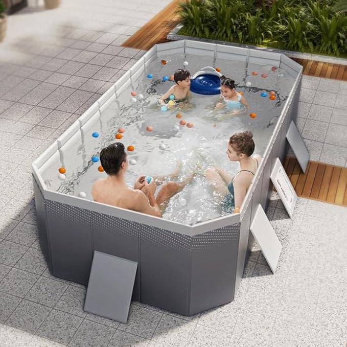 Foldable Pool Non-Inflatable Swimming Pool for Family Adults Hard Plastic Shell Collapsible Rectangle Swimming Pool for Outside Backyard Portable Pet Dog Pool (3m)