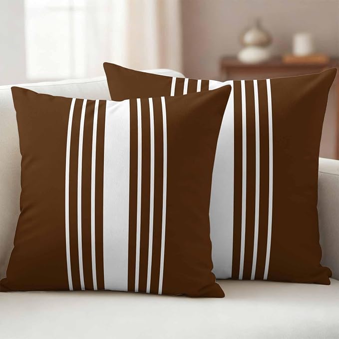 Brown White Stripe Outdoor Pillow Covers 20x20 Inch Throw Pillow Covers Set of 2 Waterproof Decorative Pillow Cases Modern Rustic Vertical Striped Cushion Covers for Patio Furniture Garden Couch Sofa