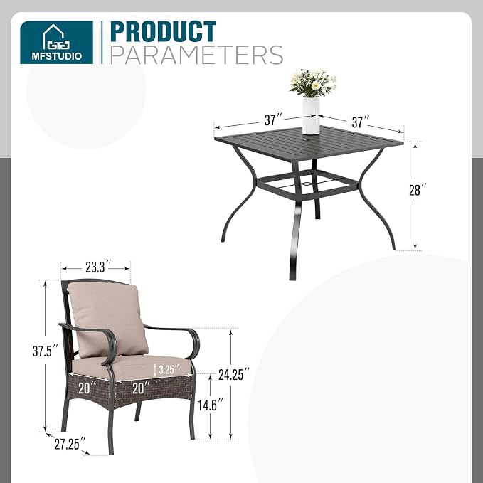 MFSTUDIO 5 Piece Patio Dining Set, Outdoor Table and Chairs for 4, Square Metal Dining Table Set with Leg Chairs, 5 Pieces Outdoor Dining Furniture Set for 4, 1.57’’ Umbrella Hole
