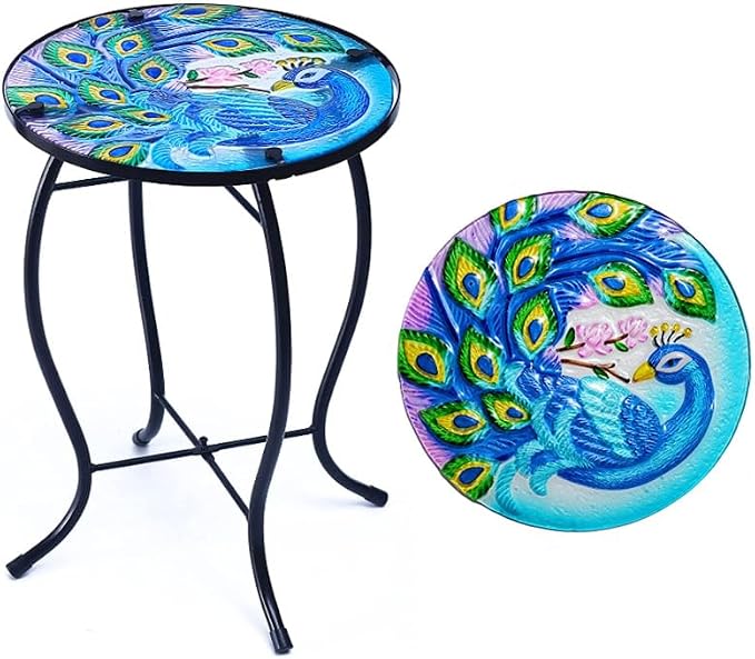 10 Inch Round Peacocks Glass Side Table, Patio Small Table, Outdoor Side Table, Outdoor Bar Table, Metal Glass End Table for Porch Garden Patio Pool Living Room