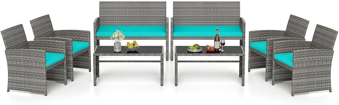 RELAX4LIFE 8-Piece Patio Furniture Set - Wicker Rattan Outdoor Sectional Sofa Set w/Glass Coffee Table, Loveseat, Chairs & Soft Cushions, Bistro Conversation for Garden Porch (2, Grey-Turquoise)