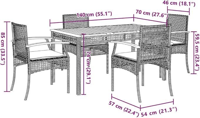 5 Piece Patio Dining Set with Cushions Beige Poly Rattan Outdoor Garden Table and Chairs Set for Backyard Deck, UV-Proof Wicker Dining Furniture with Tempered Glass Top and Removable Washable Covers