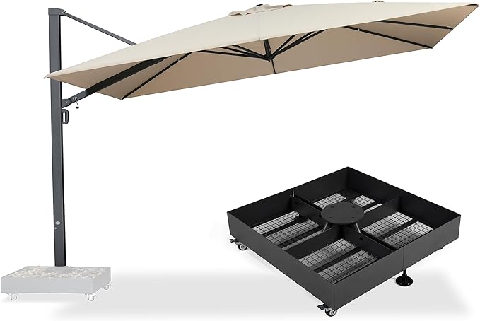PURPLE LEAF 13' X 10' Space Saving Rectangle Patio Umbrella Large Outdoor Aluminum Offset Umbrella with 360-degree Rotation Cantilever Umbrella with Base Included for Garden Deck Backyard Pool Beige