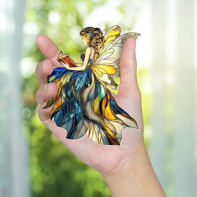 Fairy Stained Glass Style Acrylic Suncatcher, Fairy Ornament Window Hanging, Book Lover Gift for Women, Fantasy Fairy Decor, Book Lover, Librarian Gifts, Christmas Tree Ornament 4.5 Inch(Sun-01)