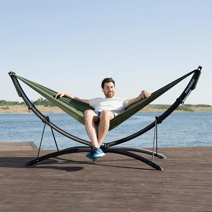 anymaka Set Up in 3 Seconds Adjustable Portable Aluminum Alloy Hammock Stand for Outside with Chair Mode & Lounge Mode up to 105'' (Hammock Set Ocean Blue-2)