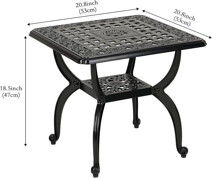 YKSY&YKSY Jardin DE Centennial Cast Aluminum Outdoor Side Table,Anti-Rust Outdoor End Table,Patio Coffee Bistro Table for Indoor,Garden,Porch,Balcony(Square Black)