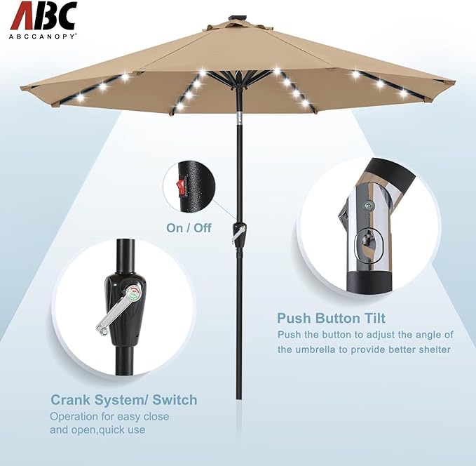 ABCCANOPY 7.5FT Durable Solar Led Patio Umbrellas with 24LED Lights (Khaki)