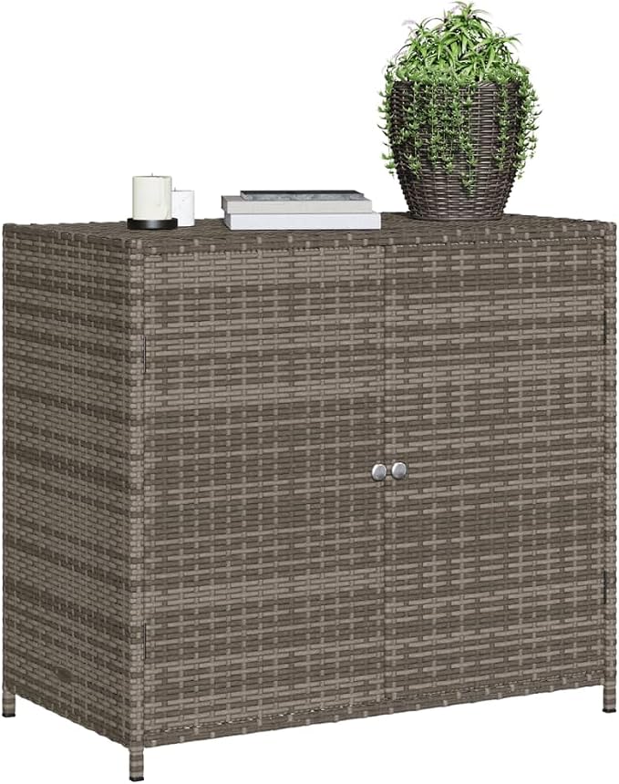 Outdoor Storage Cabinet Gray 32.7x17.7x29.9 Inches PE Rattan & Steel Deck Box for Pool Toys, Gardening Tools, Patio Furniture Covers Accessories