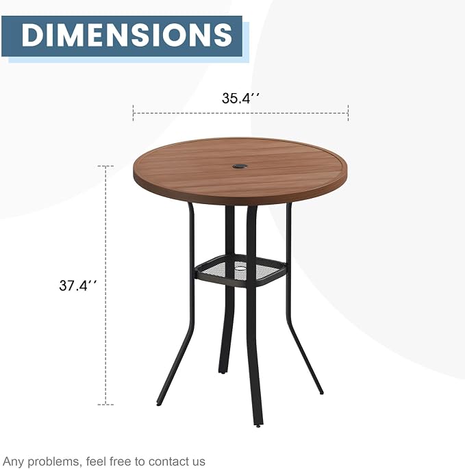 DIFY Patio Bar Height Table, 35.5" Round Outdoor Bistro Table with 1.57" Umbrella Hole for Poolside, Balcony, Pub and Garden, Walnut