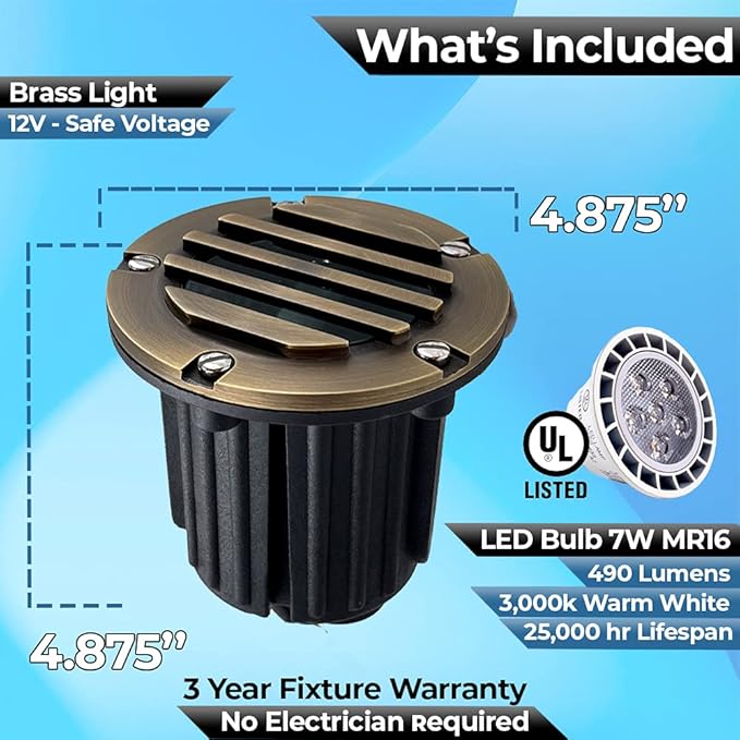 LED Low Voltage Landscape Lighting Well Lights 112 - Solid Brass In Ground Lights for Outside, Long Lasting Home and Garden 12 Volt Landscape Lighting with MR16 7W LED Bulb, Ground Spake & Connectors