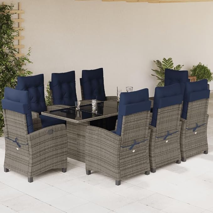 Backyard Furniture Patio Conversation Sets Outdoor Seating 9 Piece Patio Dining Set with Cushions Gray Poly Rattan Suitable for Gardens, Balconies, Decks