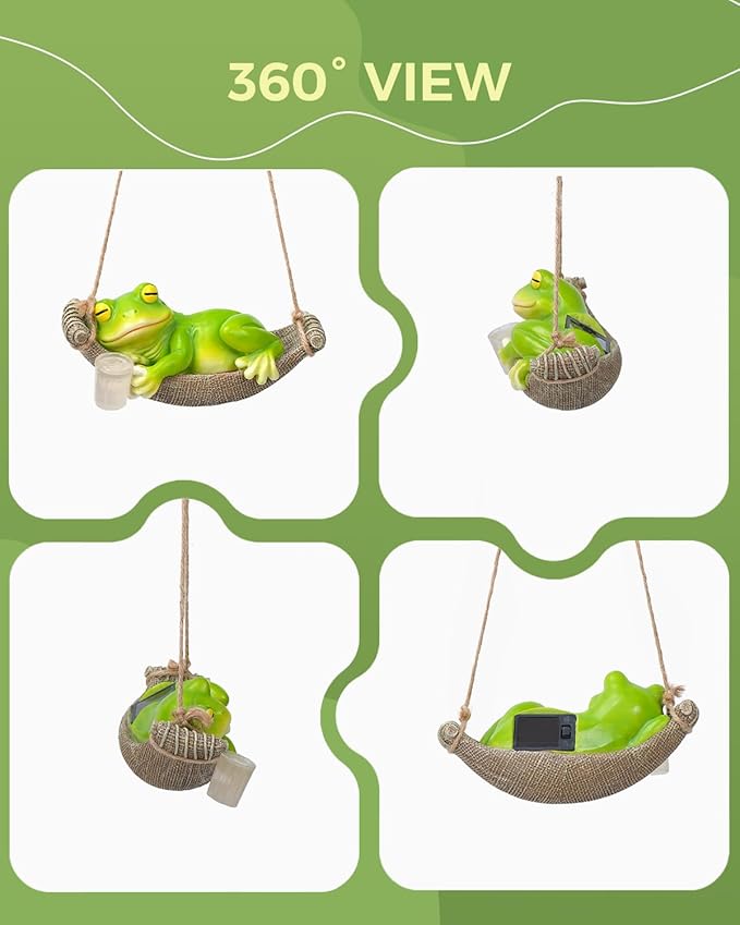 Solar Garden Frog Statue Sleeping in Hammock Resin Indoor Outdoor Lights Hanging Garden Frog Decor Mom Dad Gifts for Patio,Yard