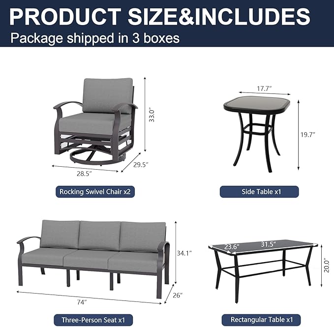 Kurapika Aluminum Patio Furniture Set 5-Seat Modern Outdoor Conversation Sets w/Swivel Rocking Chairs with Rectangular Coffee Table, Grey