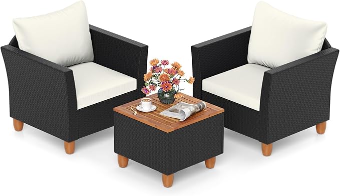 HAPPYGRILL 3-Piece Rattan Patio Conversation Set with Storage Coffee Table, Outdoor PE Wicker Sofa Furniture Set with Cushions for Balcony Backyard Porch Garden