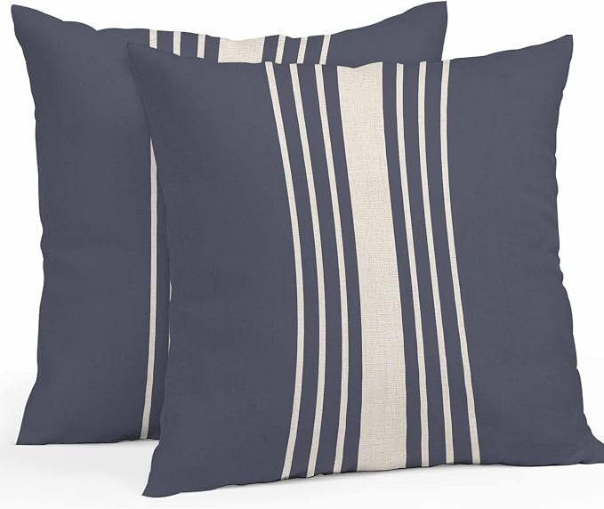 Vandarllin Outdoor Throw Pillows Covers 20x20 inch Set of 2 Waterproof Blue Vertical Stripes Decorative Zippered Cushion Covers for Patio Furniture, Classic Striped Linen Lumbar Pillowcases