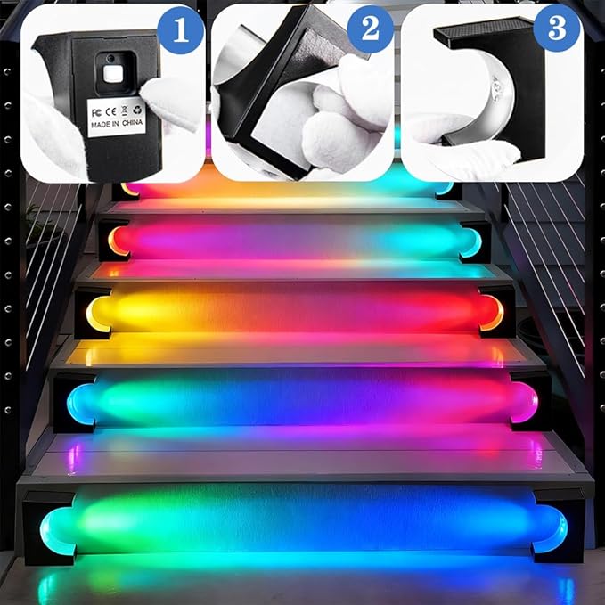 Upgraded Wireless Solar Step Lights. 5X Longer Life Than Ordinary. Strong 3M Adhesive + Screws. IP65 Waterproof for Stairs/Decks/patios. Reliable Performance(RGB Changing 4 Pack)