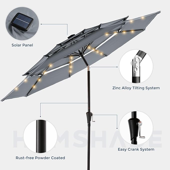 HOMSHADE 9FT 3-Tier Solar Patio Umbrella Heavy Duty,Vented Market Table Umbrella Windproof w/32 LED Lights,UPF50+,5-Year Fade Resistant,8 Thicker Ribs for Pool,Lawn,Garden,Deck (Grey,No Base)