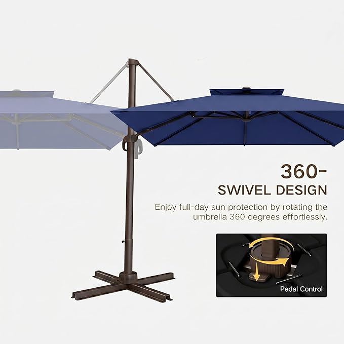 Kingdura Cantilever Patio Umbrella with Double Top Vent, Large Square Aluminum Outdoor Offset Umbrella with 360-degree Rotation, Infinite Tilt, UV Protection for Pool Deck Garden Patio