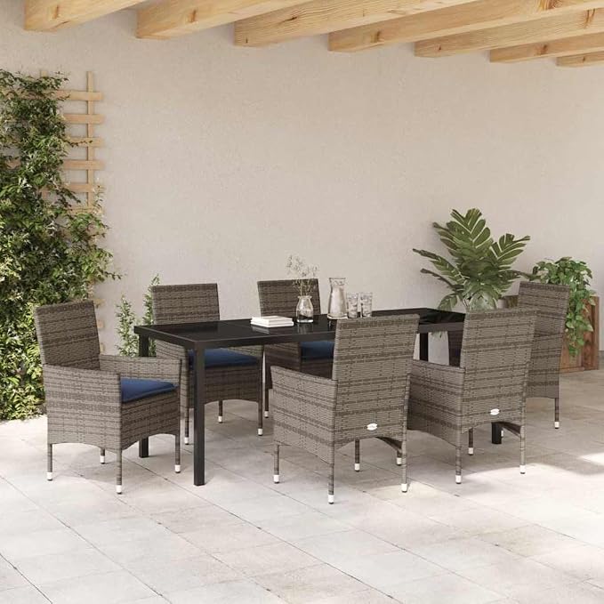 7-Piece Outdoor Dining Set, Grey PE Rattan Patio Table and 6 Chairs with Cushion, Garden Furniture for Backyard, Deck, and Balcony