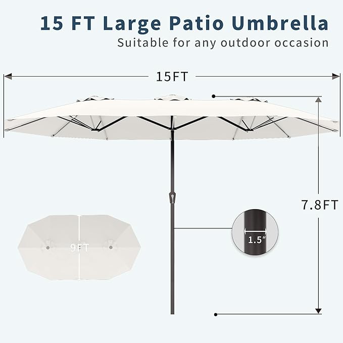 PatioKingdom 15FT Large Patio Umbrella with Base, Double Sided Rectangular Outdoor Umbrella with Sturdy Fiberglass Ribs, Market Umbrella for Pool,Garden,Backyard,Deck (Creamy-white, 15FT)