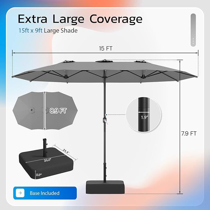 AECOJOY 15x9ft Patio Umbrella with Base Included, Outdoor Double-Sided Rectangle Umbrella with Crank Handle, Market Umbrella for Deck Pool Patio Garden(1.9" Pole, Grey)