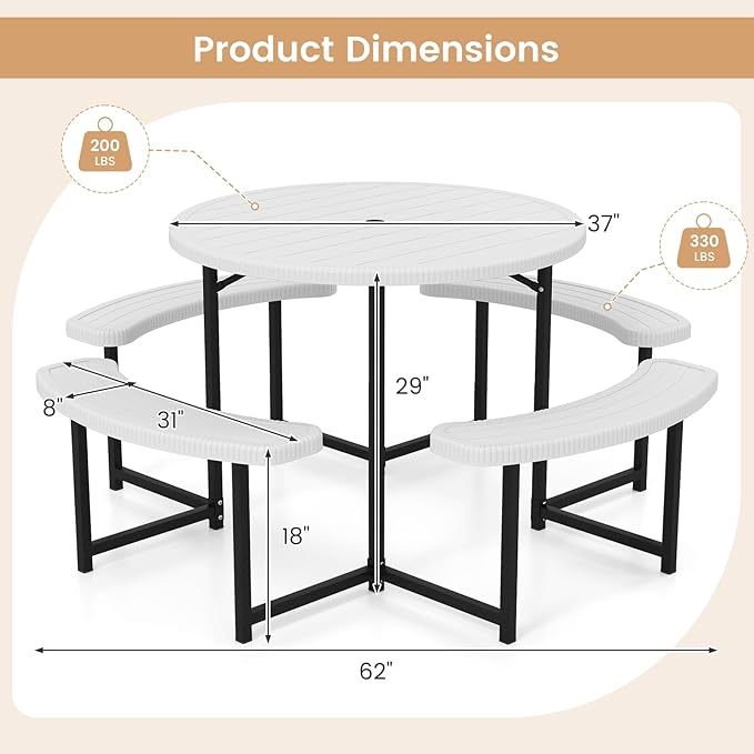 LDAILY Picnic Tables with Benches, Round Picnic Dining Table with 1520 lbs Capacity Metal Frame, HDPE Tabletop & Umbrella Hole, 8-Person Plastic Picnic Tables for Outdoors, Patio, Lawn, Yard (White)