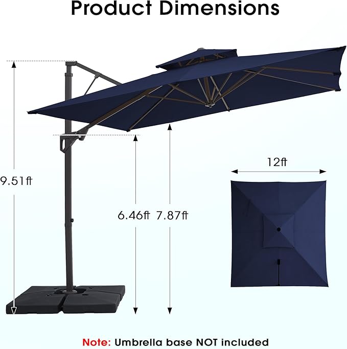 JEAREY 12ft 2-Tier Cantilever Patio Umbrella, Large Square Outdoor Offset Umbrella with Double Top Vent and 360-degree Rotation for Garden, Deck, Pool, Patio, Navy