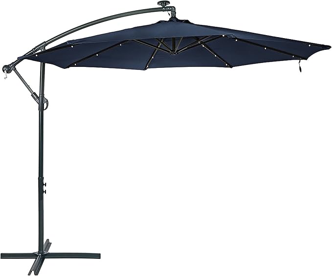 Sunnydaze 10' Solar Offset Patio Umbrella - Solar Cantilever Umbrella Outdoor with LED Lights - Polyester Shade, Air Vent, & Cross Base