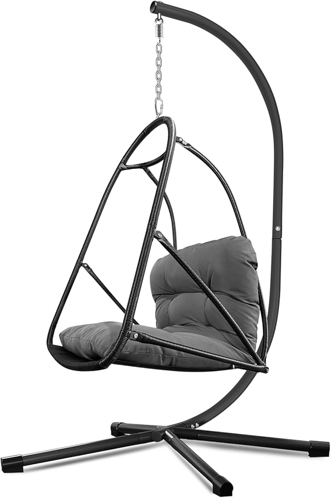 JESE Swing Egg Chair Foldable Frame Hanging Chairs, UV Resistant Waterproof Cushion and Cup Holder,Swing Hammock Chairs for Patio,Bedroom,Balcony, Garden-350lbs, Stand Included, Brown
