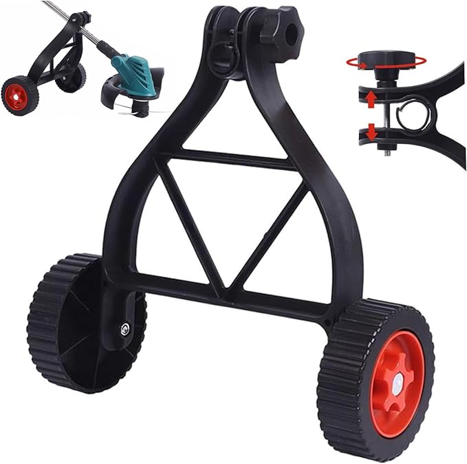 String Trimmer Support Wheels, Adjustable Lawn Mower Auxiliary Walk Behind Weed Wacker Wheels, Garden Lawn Tool Attachment for Grass Eater Holder (Black)