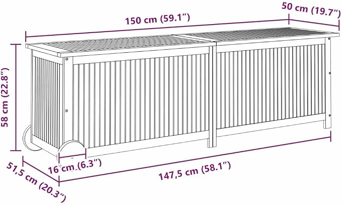 Rustic Solid Acacia Wood Garden Storage Box with Wheels, Spacious Outdoor Storage for Cushions and Essentials, Weather-Resistant Brown Finish, Easy Maintenance Design, Patio