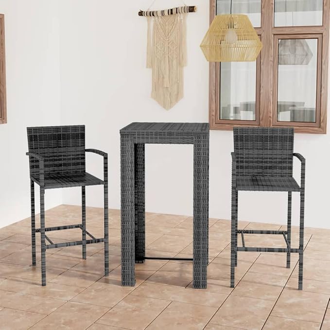 3 Piece Patio Bar Set, Bistro Set Patio Conversation Set Porch Furniture Set Front Porch Furniture for Piazza Garden Negotiation Area Poolside with Armrest Poly Rattan Gray