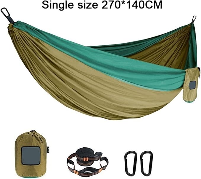 Portable Nylon Parachute Fabric Single and Double Size Outdoor Camping Hiking Garden Hammock(Single Brown Green)