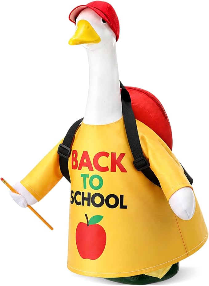 Back to School Porch Goose Outfit Bright Print Goose Costume with Red Cap & Backpack for 23" Gooses Statue First Day of School Decoration Patio Yard Garden Lawn Outdoor Decors
