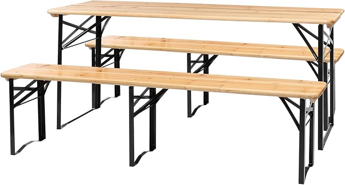 VINGLI 6 Foot Folding Picnic Table with Benches, Weather-Resistant Wood Beer Camping Table w/Carrying Handles, for Family Garden Patio Outdoor Activities Use, at Home and Commercial