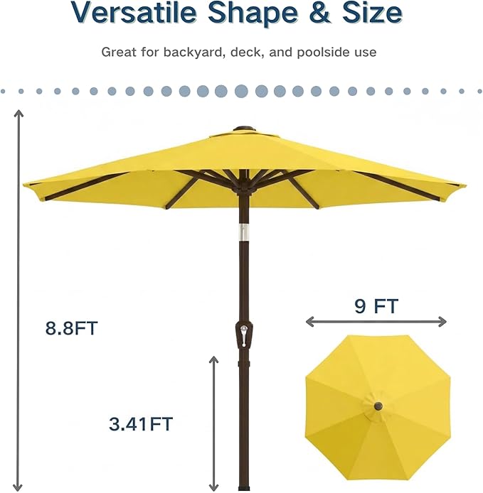 PatioKingdom 9FT Patio Outdoor Umbrella-UPF 50+ Sun Shade with Wind Vent, Push-Button Tilt & Smooth Crank Lift, Rust-Resistant Fiberglass Frame for Garden, Backyard,Yard (Yellow)