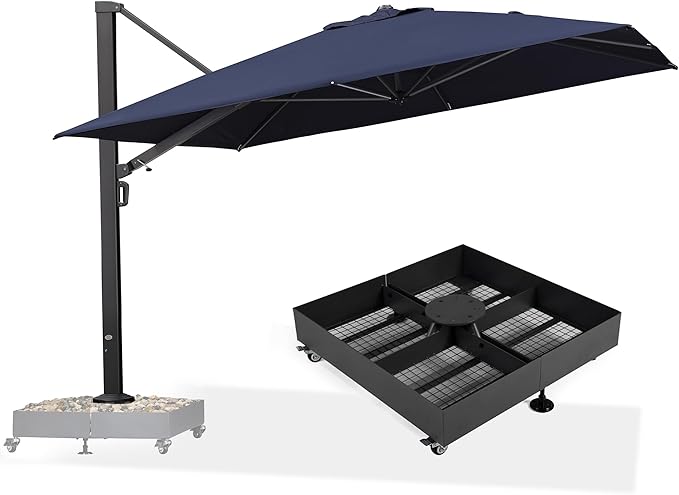 PURPLE LEAF 11 FT Square Patio Umbrella with Wheeled Base Included Large Outdoor Offset Umbrella with 360-degree Rotation Cantilever Umbrella for Garden Deck Backyard Pool Navy Blue