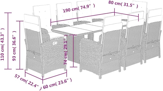 Backyard Furniture Patio Conversation Sets Outdoor Seating 9 Piece Patio Dining Set with Cushions Gray Poly Rattan Suitable for Gardens, Balconies, Decks