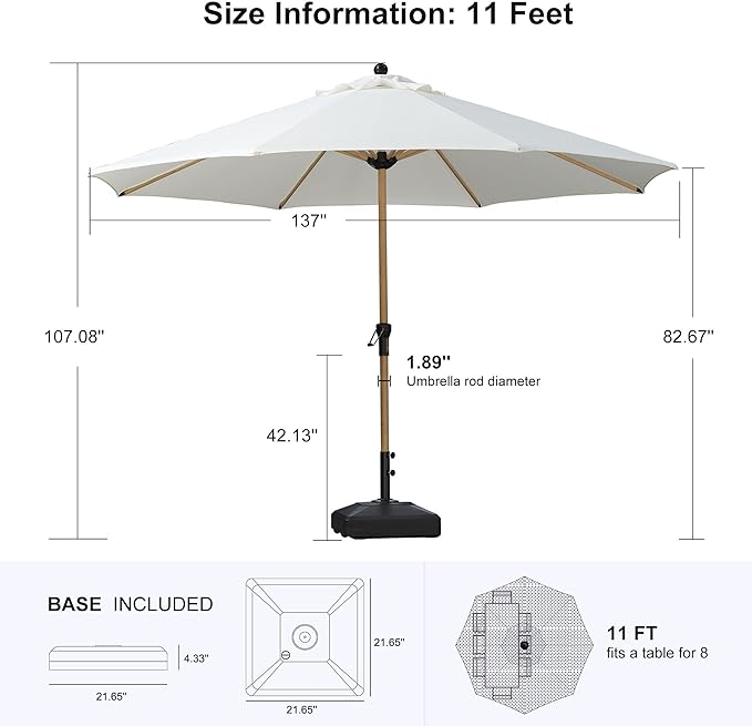 PURPLE LEAF 11 Feet Patio Umbrella with Base Outdoor Umbrella Round Market Umbrella with Crank & 8 Ribs Commercial Aluminum Table Umbrella for Outdoor Garden, Cream