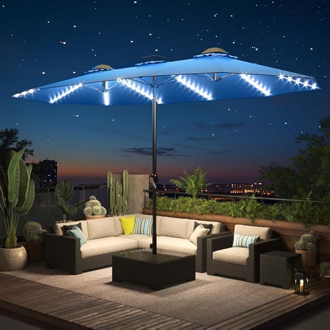 AECOJOY 15ft Patio Umbrella with Solar Lights, Large Patio Umbrella with Crank Handle and 156 PCS LED Lights, Outdoor Rectangular Market Umbrella for Backyard Deck Pool in Blue(1.9" Pole)