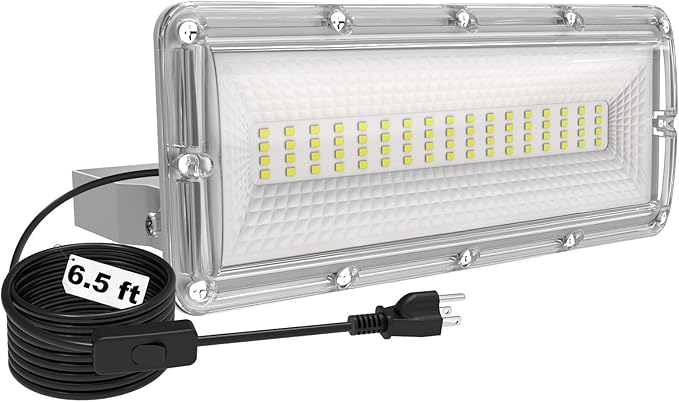 50W LED Flood Light, 7000LM LED Work Lights with Plug & Switch & 6.5 FT Cord, 6500K Security Light Outside, IP67 Waterproof Outdoor Floodlights with 6KV Surge Protection for Garden