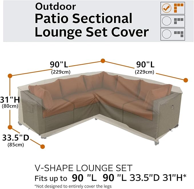 Heavy Duty 600D Patio Couch Cover, Waterproof, Desert Khaki (V-Shaped-90 x 90")