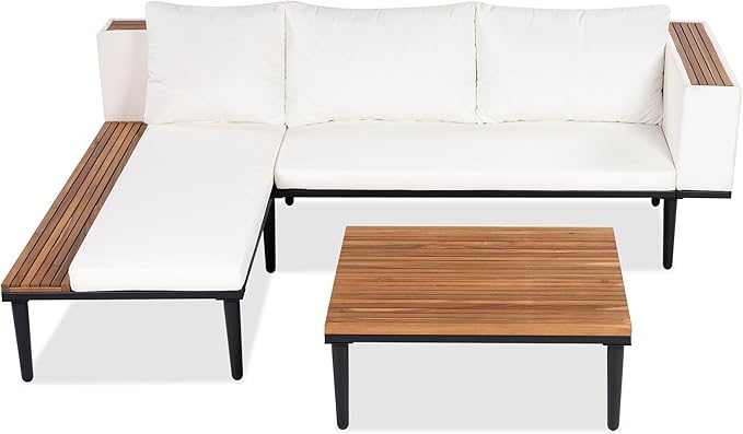 Luxury Outdoor Patio Furniture Set, L-Shaped Acacia Wood Sectional Sofa with Side Table, All-Weather Conversation Set with Removable Cushions and Coffee Table for Backyard Porch (Beige-4.20)