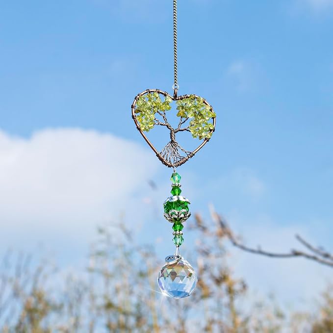 Green Tree of Life Crystal Suncatcher Car Rear View Mirror Charm Decor | Crystal Tree of Life Suncatcher Rainbow Maker Feng Shui Pendant for Car Rear View Mirror Window Garden Home Office Decor