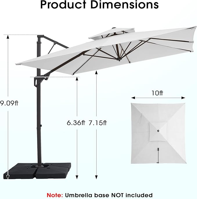 JEAREY 10ft 2-Tier Cantilever Patio Umbrella, Large Square Outdoor Offset Umbrella with Double Top Vent and 360-degree Rotation for Garden, Deck, Pool, Patio, Cream White