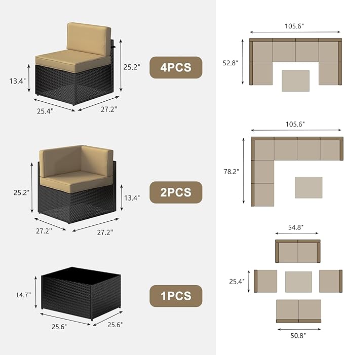 Kinsuite 7Pcs Patio Conversation Set - Wicker Backyard Furniture Outdoor Furniture with Cushions, All-Weather Couch Set with Coffee Table for Garden, Lawn, Deck, Khaki