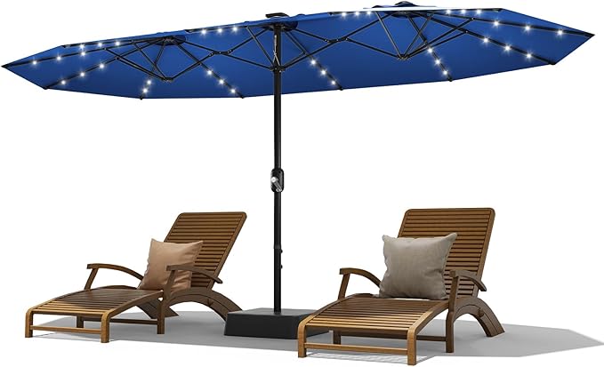 GAOMON 15FT Oversized Double-Sided Patio Umbrella with Base, Solar LED Lights 36PCS, Heavy-Duty Fade-Proof Canopy Outdoor Shade for Backyard, Poolside & Deck