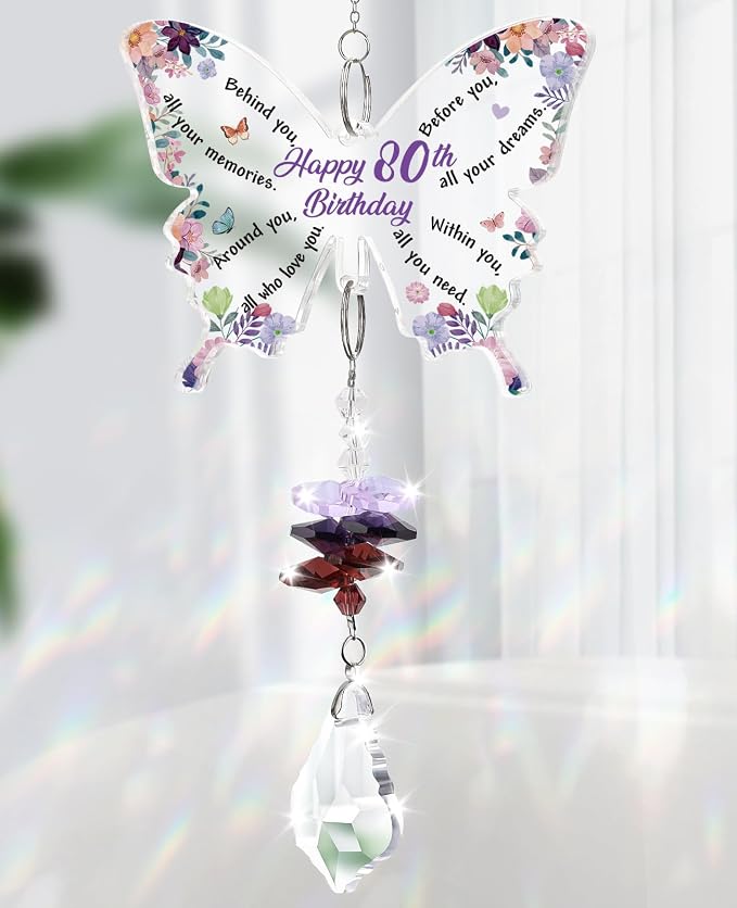 Funnli 80th Birthday Gifts for Women Suncatcher, 80th Birthday Decoration | 80 Year Old Bday Gifts for Mom Grandma Friends Sister Window Hangings Home Decoration