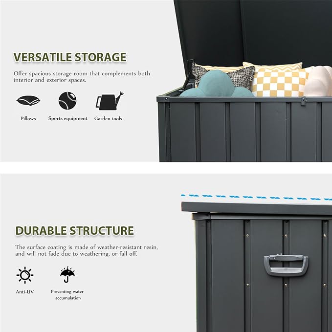 CHUNLY 120 Gallon Metal Deck Box, Waterproof Outdoor Patio Storage Box for Outside Cushions, Pool Supplies, Garden Tools, Lockable (Dark Gray)