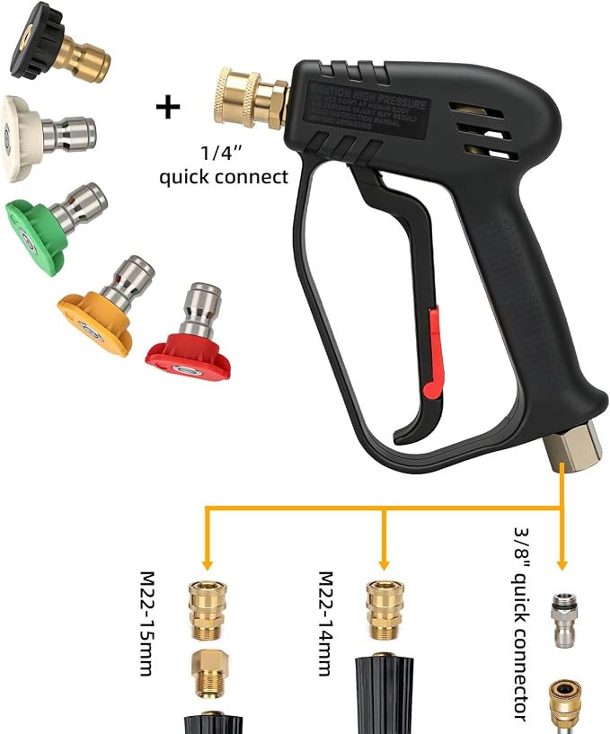 Short Pressure Washer Gun with Swivel,Stubby Pressure Washer Gun,4000 PSI Pressure Water Handle,M22 14mm/15mm & 3/8" QC Inlet,1/4" Quick Connect Outlet for Foam Cannon,Car Wash and Cleaning